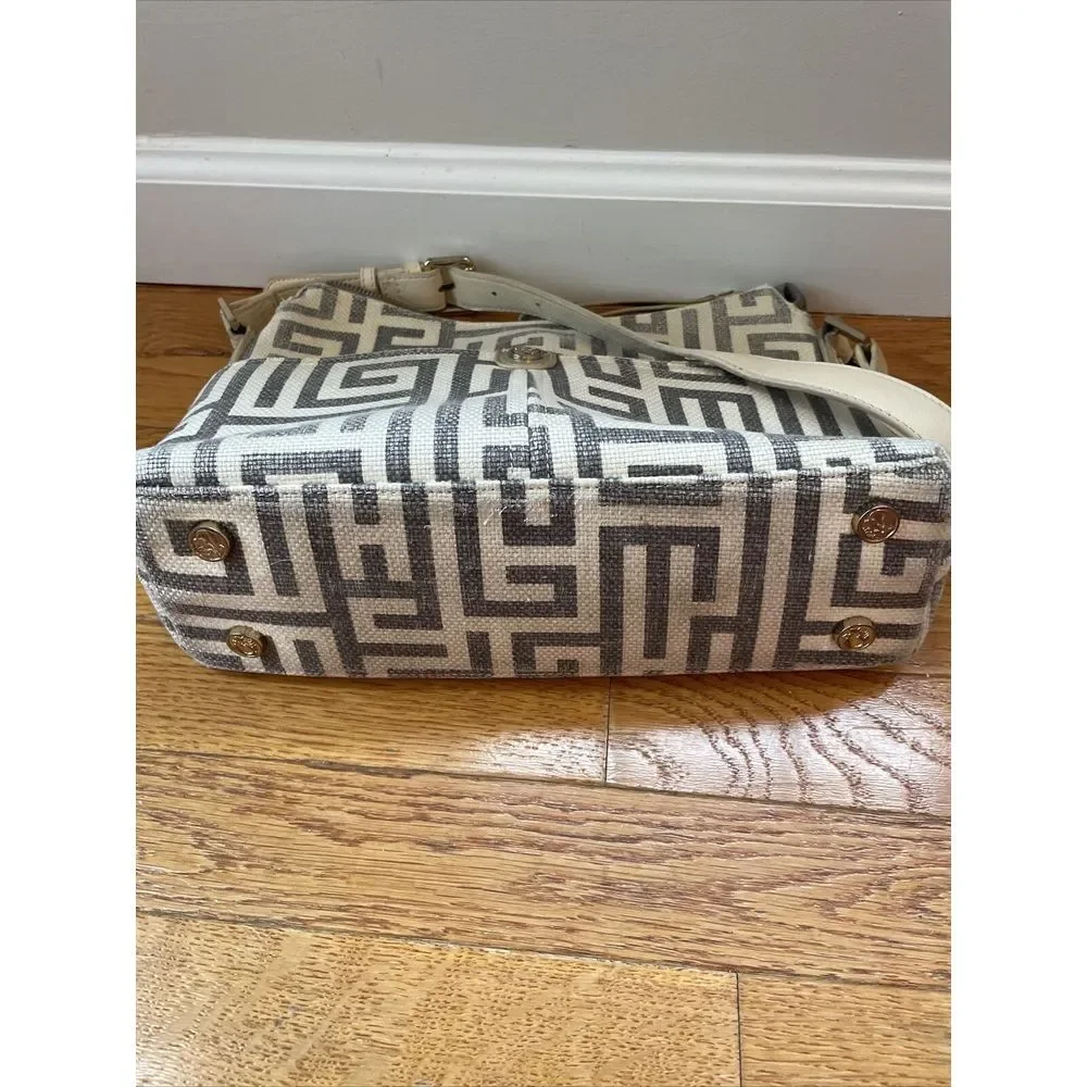 SPARTINA City Market Dixie Shoulder Bag De Renne Gray‎ Cream White Linen Leather